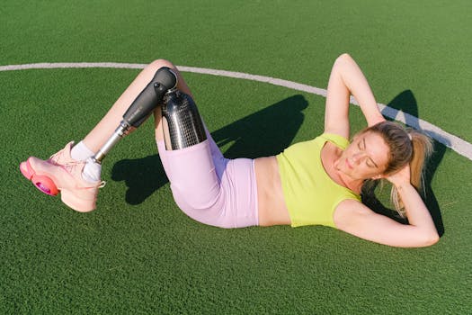 Full body of strong female athlete in sportswear with artificial limb doing abs exercises on sports ground