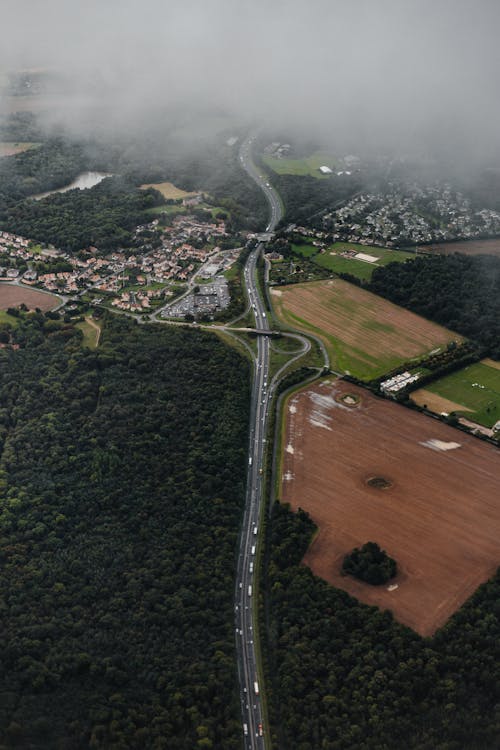 Aerial Shot of Roads Near the Cropland