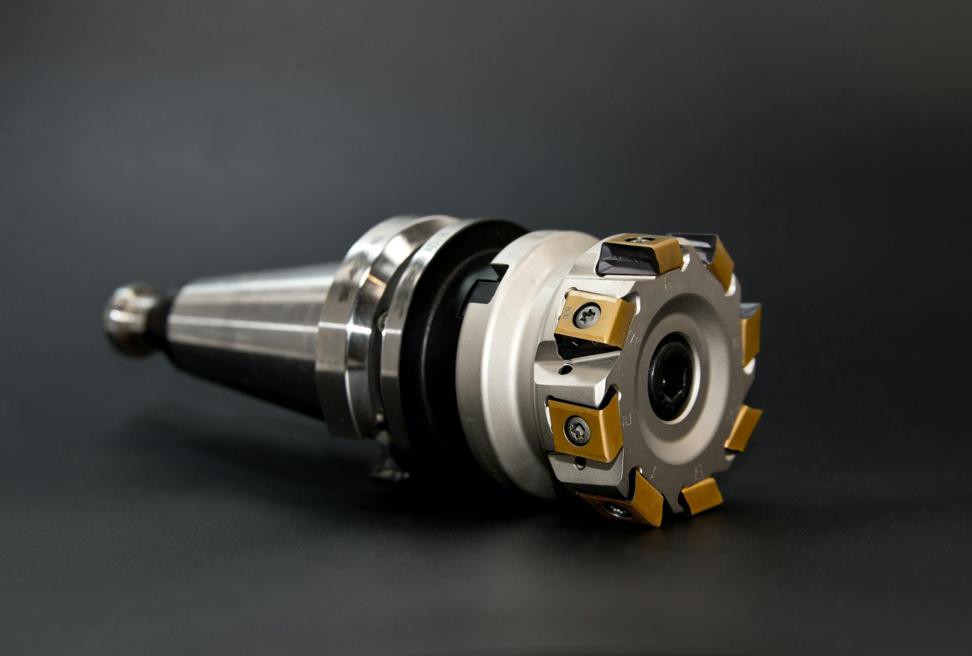 Close-up of a high precision CNC milling tool used for metalworking in industrial settings.