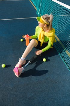 Active woman with a prosthetic leg sitting on a tennis court, embodying strength and resilience.