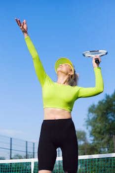 From below of sportive woman in tennis cap wearing green top serving ball and looking up while standing on court with raised arm and rocket in hand