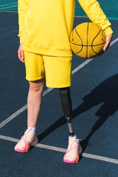 Adult holding basketball on court, showcasing prosthetic leg and yellow athletic wear.