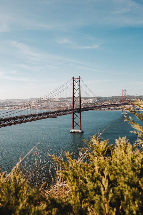 View of the 25 de Abril Bridge in Lisbon, Portugal 