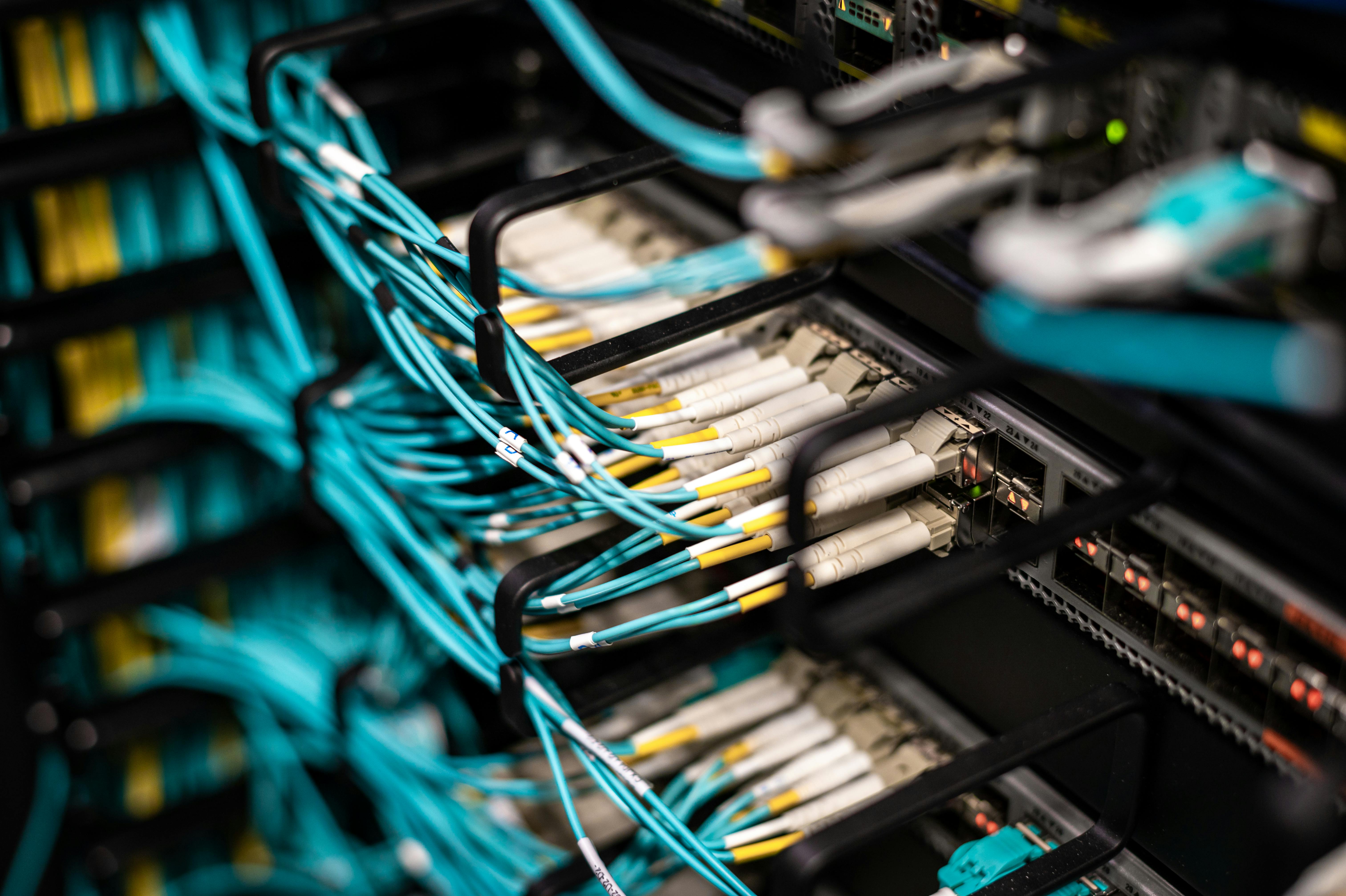 Close-up of network server showing organized cable management and patch panels in a data center.