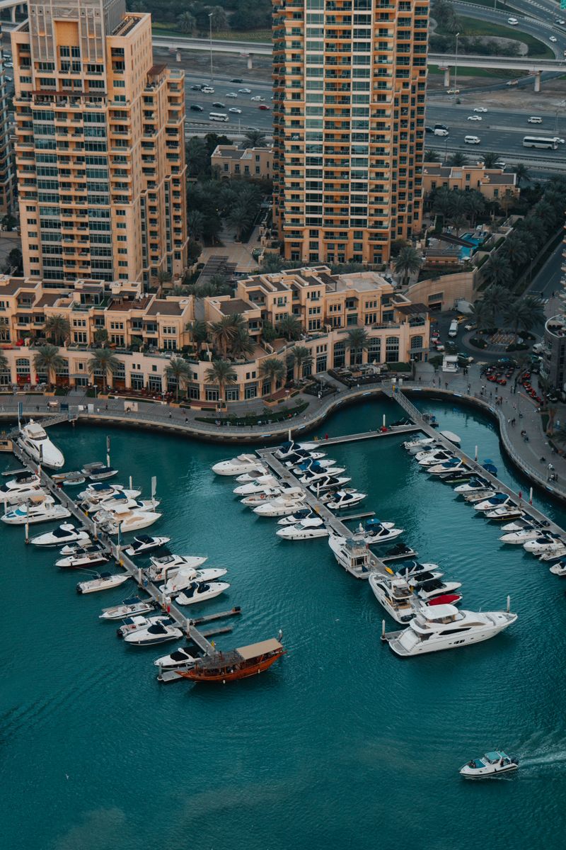 Aerial view of yachts moored in The Pearl marina, Doha