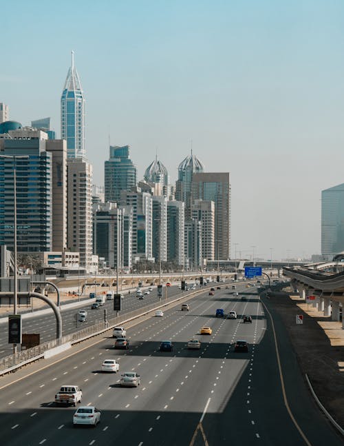 Cars on Road Near City Buildings