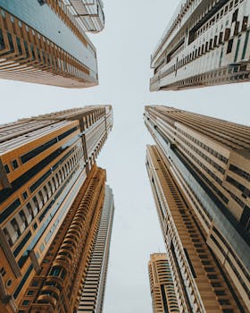 Dynamic low angle view of modern skyscrapers reaching into the sky.
