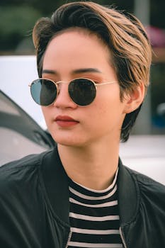Portrait of a fashionable woman with sunglasses and short hair in a striped shirt outdoors.