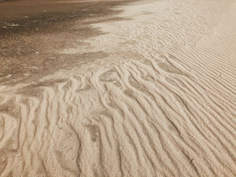 Captivating sand ripples forming patterns on a serene coastal beach, an abstract view from above.
