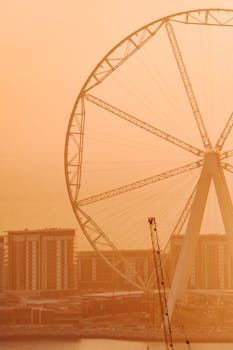 A stunning view of a large Ferris wheel against a backdrop of a modern urban skyline during sunset.