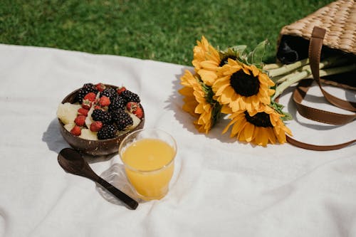 Food and Flowers on Picnic Blanket