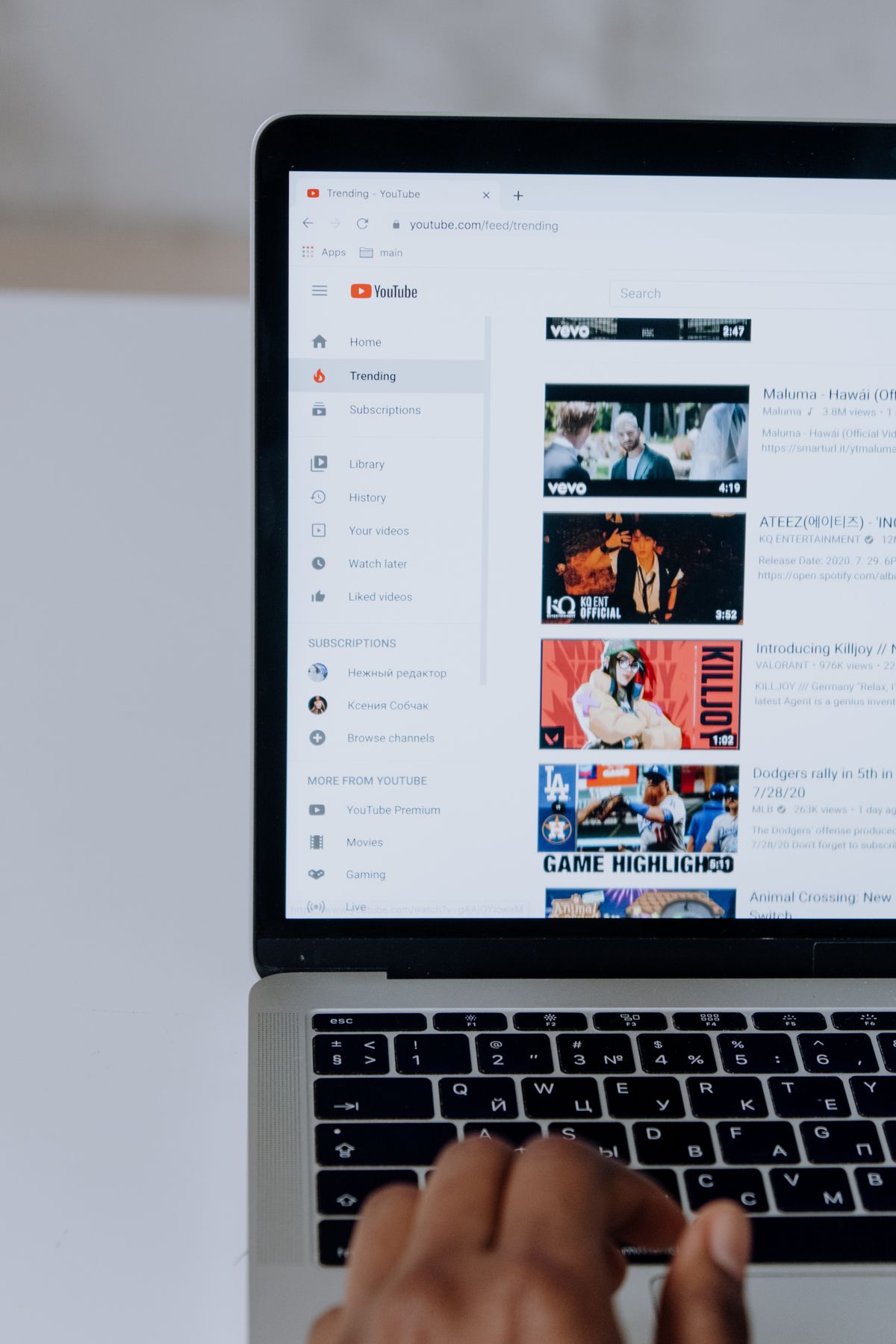 YouTube open on a laptop screen