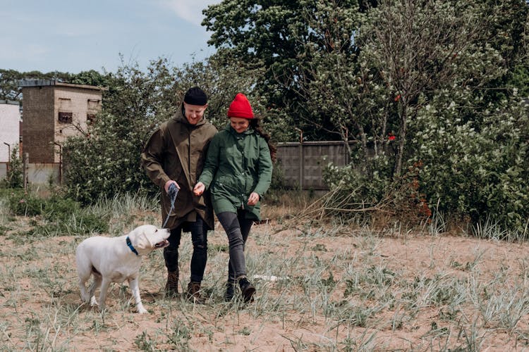 A Couple Walking With Their Pet Dog