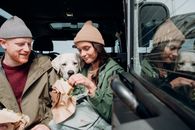 寒冷的日子里，一对夫妇和他们的拉布拉多猎犬在车里享用晚餐