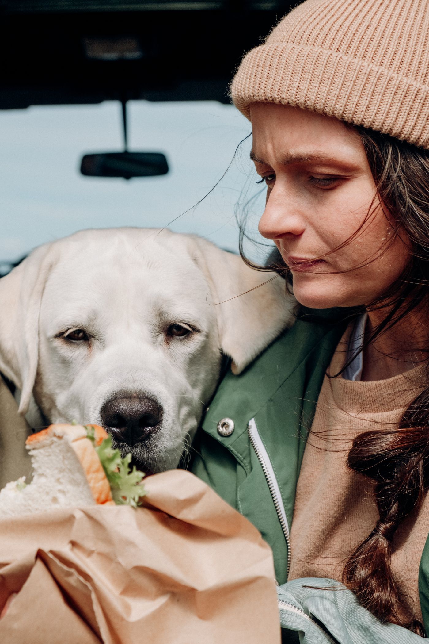 A pale Labrador leans in towards a sandwich held by a woman in a beanie
