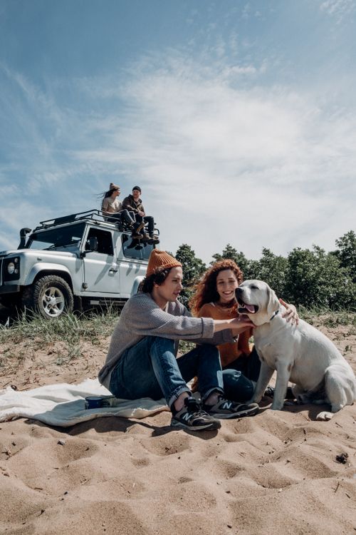 Free Two women play with Labrador on a sandy beach while friends relax on SUV. A perfect outdoor adventure. Stock Photo