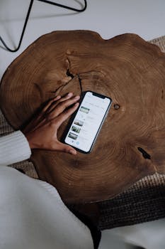 Overhead view of a smartphone held by a hand on a rustic wooden table. Modern lifestyle and technology.