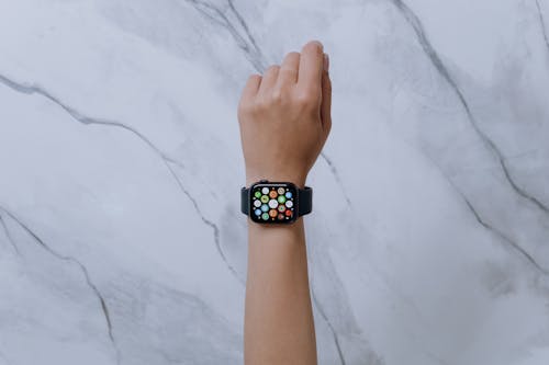 Free Person Wearing Silver Apple Watch With Black Sport Band Stock Photo
