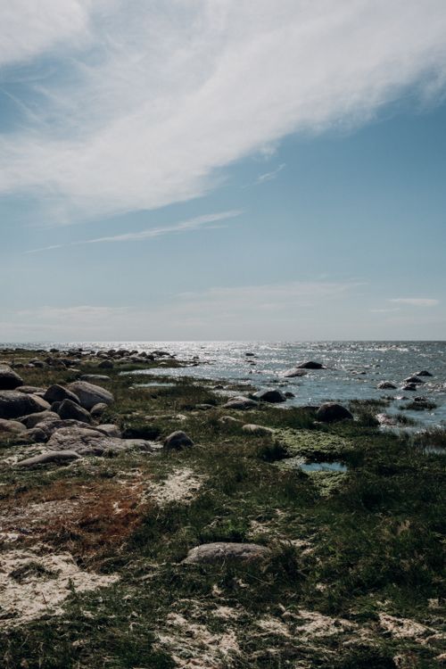 Free Serene ocean view with rocky shoreline and grass under a bright blue sky. Stock Photo