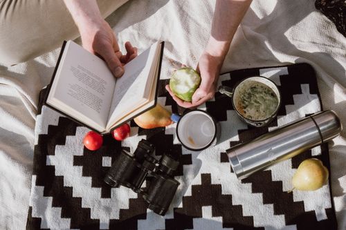 Free A serene picnic setting with a book, fruit, and binoculars on a patterned blanket. Stock Photo