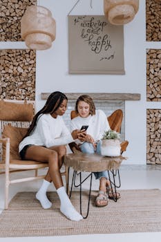 Two women sitting in a cozy Scandinavian-style interior enjoying a conversation over a smartphone.