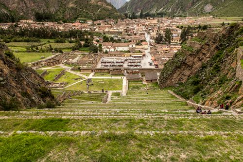 Free View from Ollantaytambo ruins in Peru, showcasing the Sacred Valley's rich history and landscape. Stock Photo