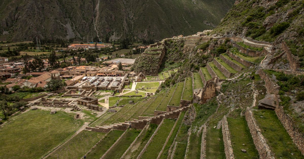 The Inca terraces at Ollantaytambo in the Sacred Valley, seen from above