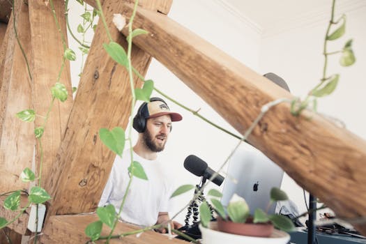 A man in a white shirt records a podcast using a microphone in a green-themed indoor setting.