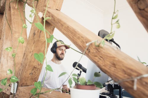 video podcaster outside garden