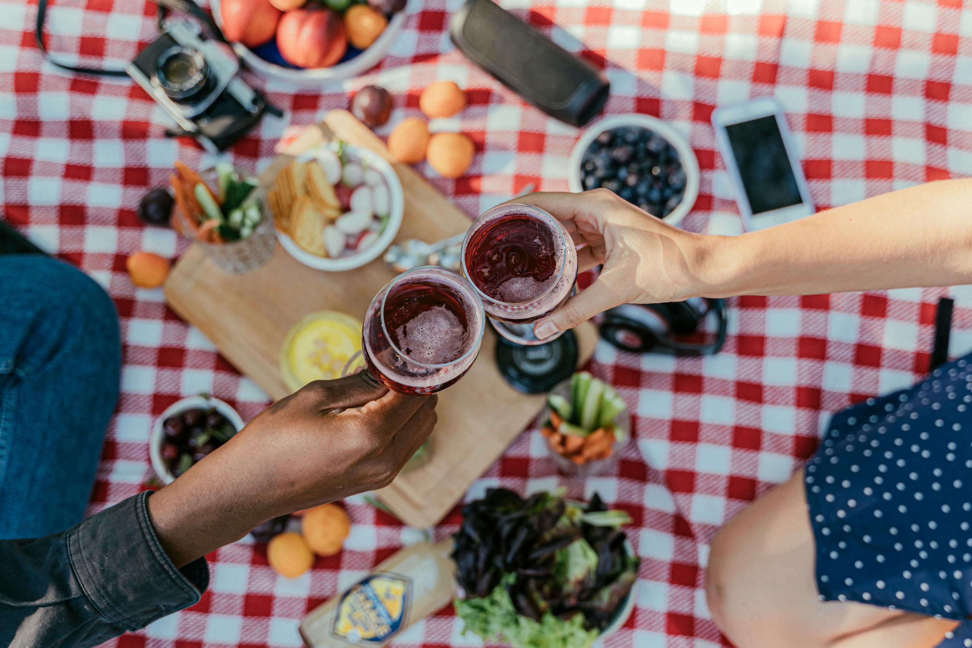Top view of a colorful summer picnic with two people toasting with red wine glasses.