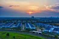Stunning drone image capturing a residential landscape at sunset in Banten, Indonesia.