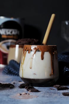 Rich and indulgent Dalgona coffee topped with a chocolate biscuit, perfect for dessert lovers.