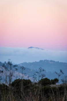 A breathtaking view of rolling hills under a pastel sky at dawn, enveloped in mist.
