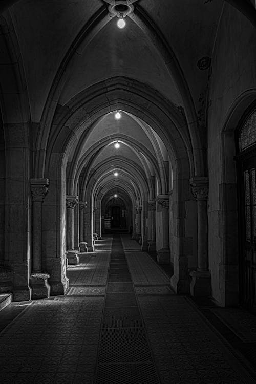 Grayscale Photo of a Hallway