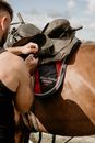 Man Putting a Saddle Seat on a HorseSaddle Seat