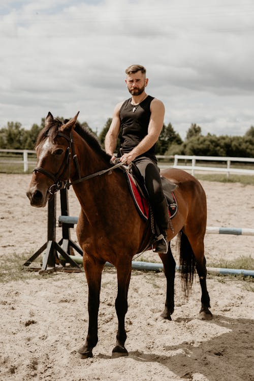 Free A Man Riding a Brown Horse Stock Photo