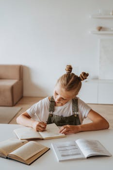 A young girl sits at a table indoors, engaged in writing in a notebook with open books around her, embodying a focused study environment.