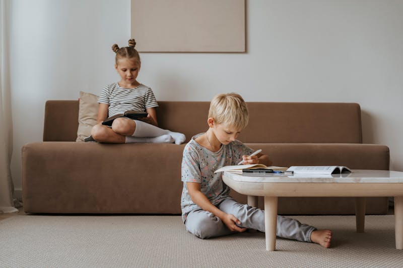 Brother and sister studying together