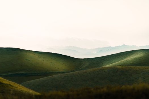 Amazing landscape of green hilly terrain covered with lush vegetation under clear sky