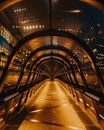 现代城市玻璃隧道在夜间照明下，展现了建筑的对称性