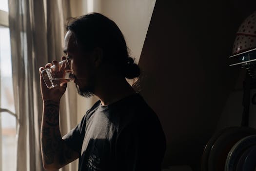 A man standing indoors, drinking water from a glass near a window, reflecting in soft light.