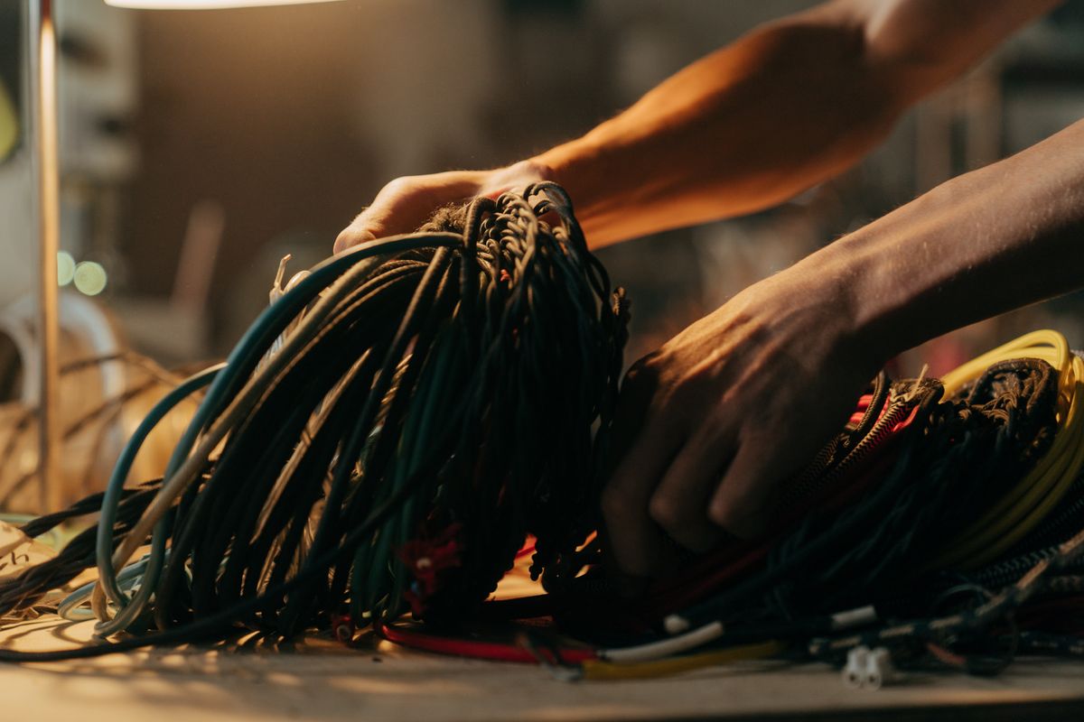 Hands sorting colorful electrical wires