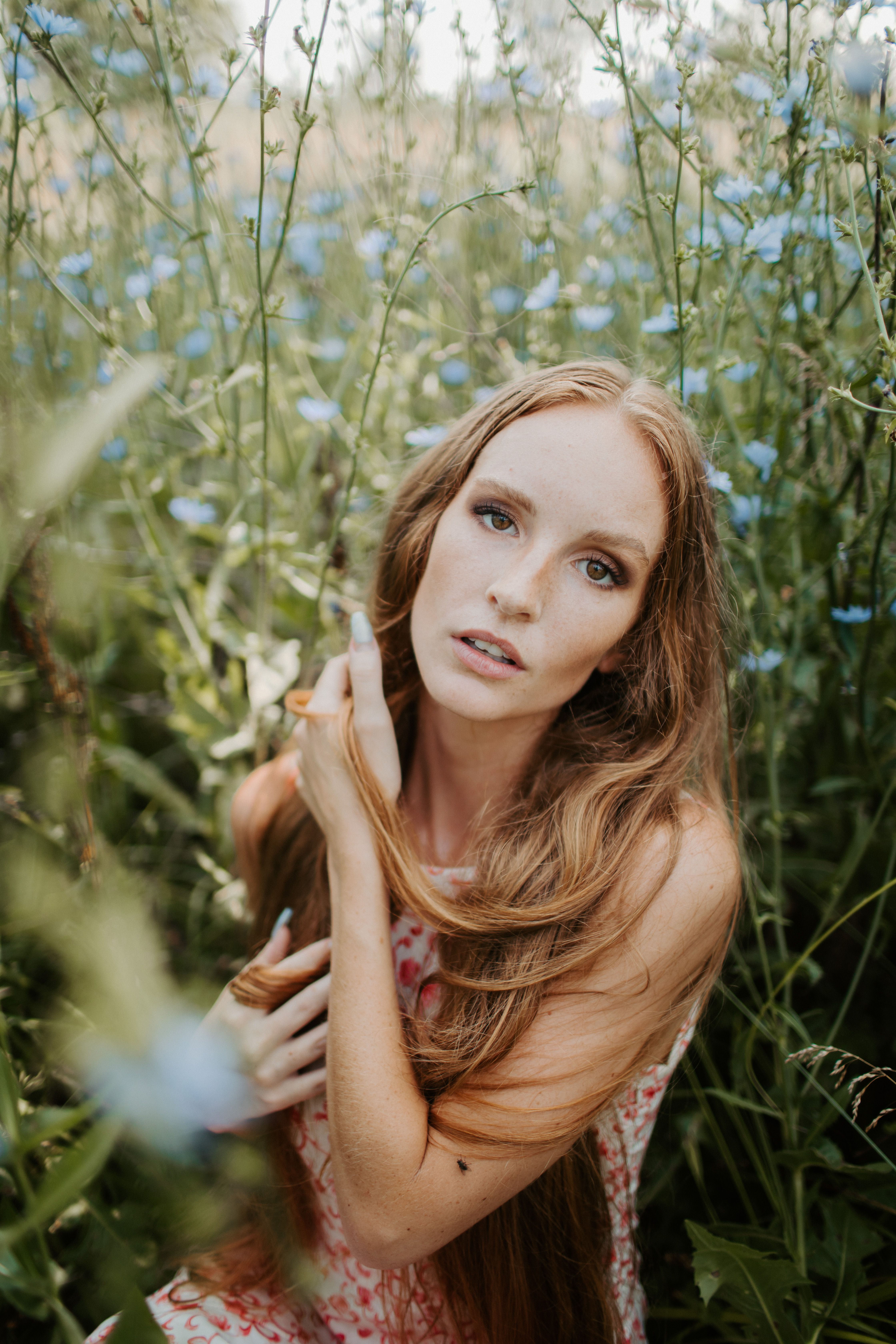 Woman with Long Hair in the Middle of a Flower Field · Free Stock Photo