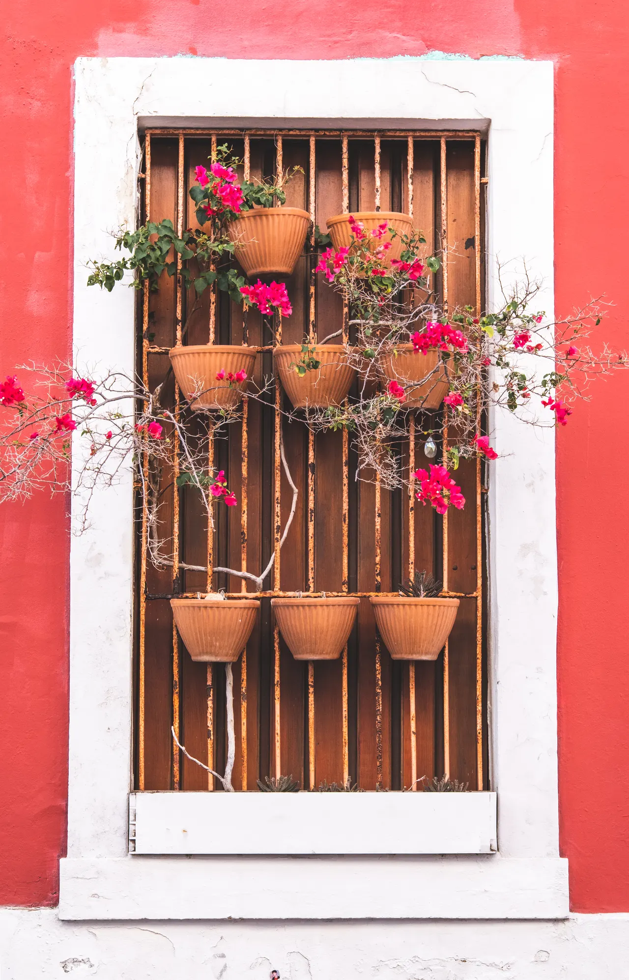 terracotta-mediterranean-balcony-decor Terracotta pots with red flowers against a warm red balcony wall