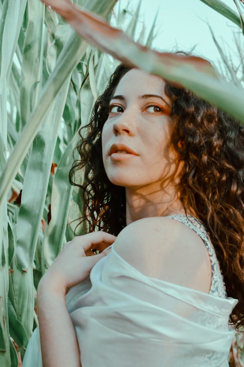 Female with curly hair looking away among green plants of cornfield in summer