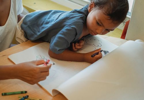 Free Crop anonymous female drawing with color wax crayons together with concentrated little daughter at table Stock Photo