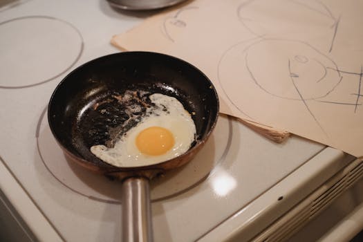A freshly fried egg in a pan sits on an induction stove with hand-drawn paper alongside.