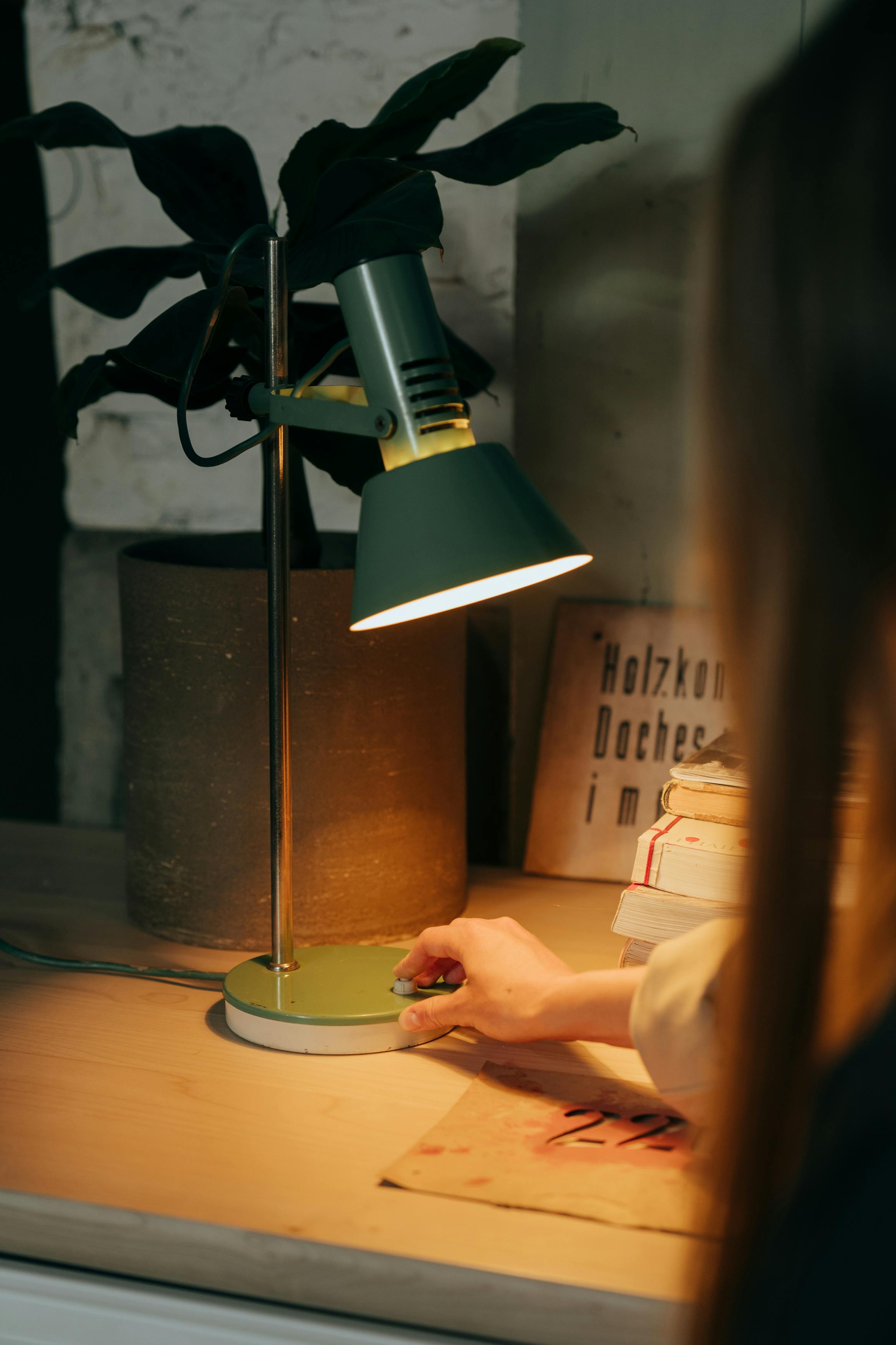 Free A vintage green desk lamp illuminating a cozy corner with books and plants. Stock Photo