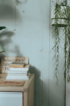 A serene interior scene with stacked books and potted plants against a wooden backdrop.