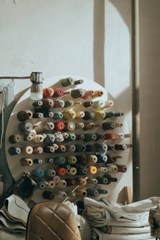 车间里，线轴整齐排列，色彩斑斓，充满活力